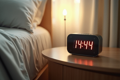 Réveil digital matin sur table en bois avec lumière douce