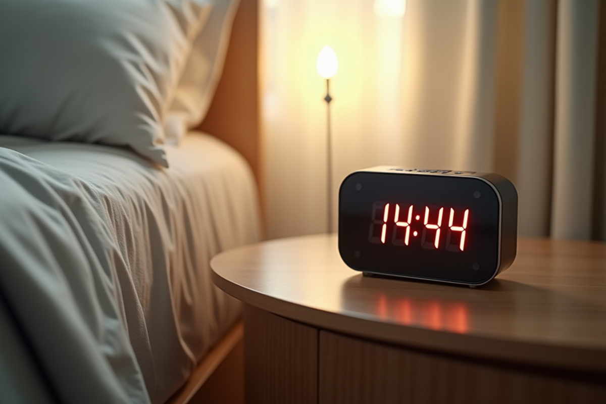 Réveil digital matin sur table en bois avec lumière douce