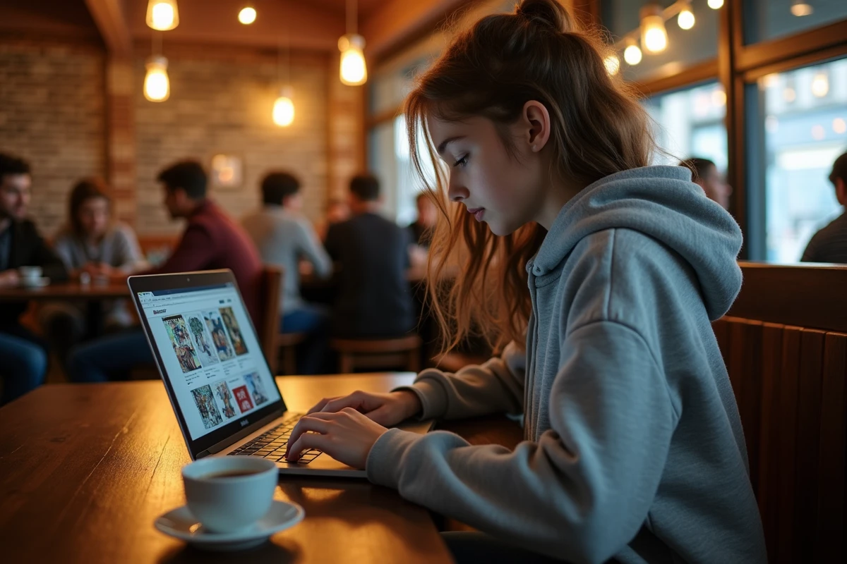 Adolescente lisant le scan de One Piece en VF sur un ordinateur portable dans un café urbain