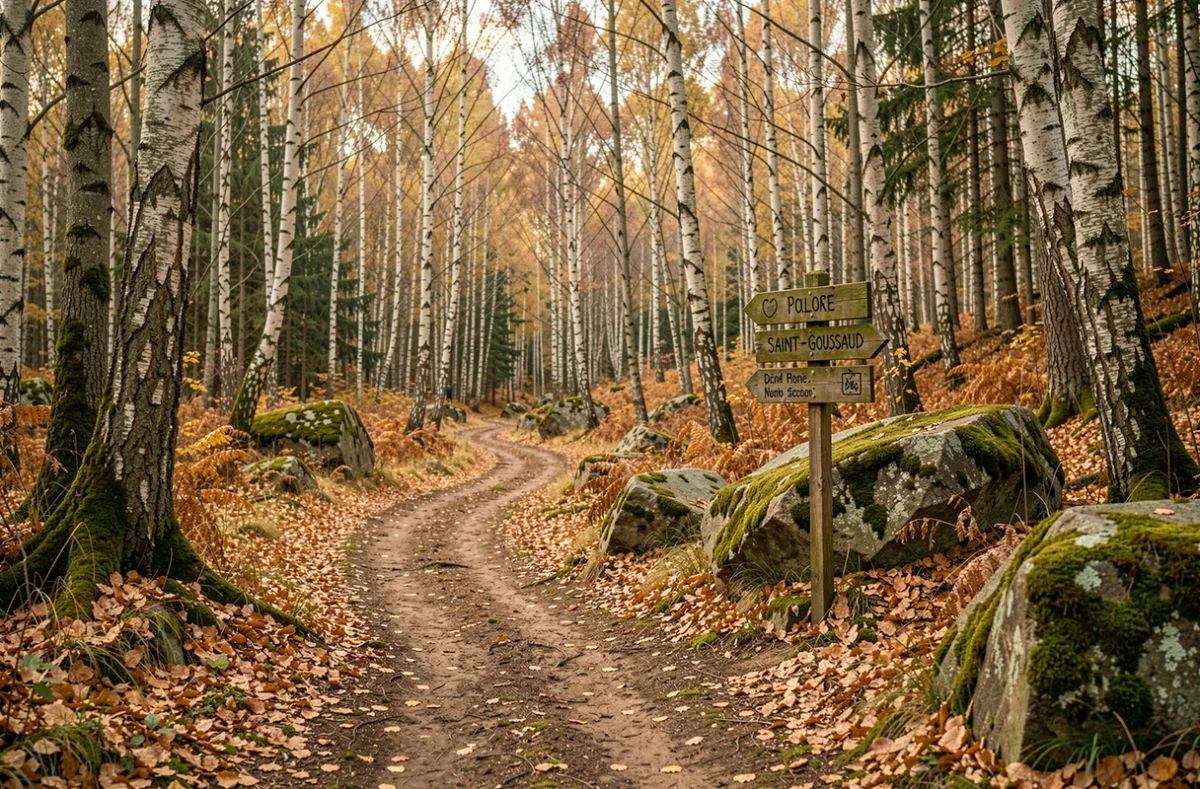Sentier forestier balisé en Creuse près de Saint-Goussaud avec rochers en granit couverts de mousse et feuillage automnal