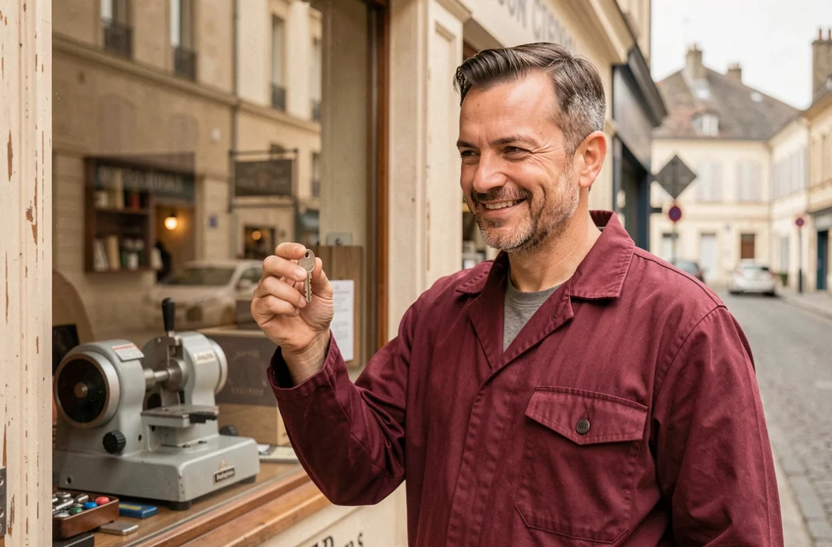 Serrurier de la Serrurerie Roannaise inspectant une clé fraîchement coupée devant sa boutique à Roanne