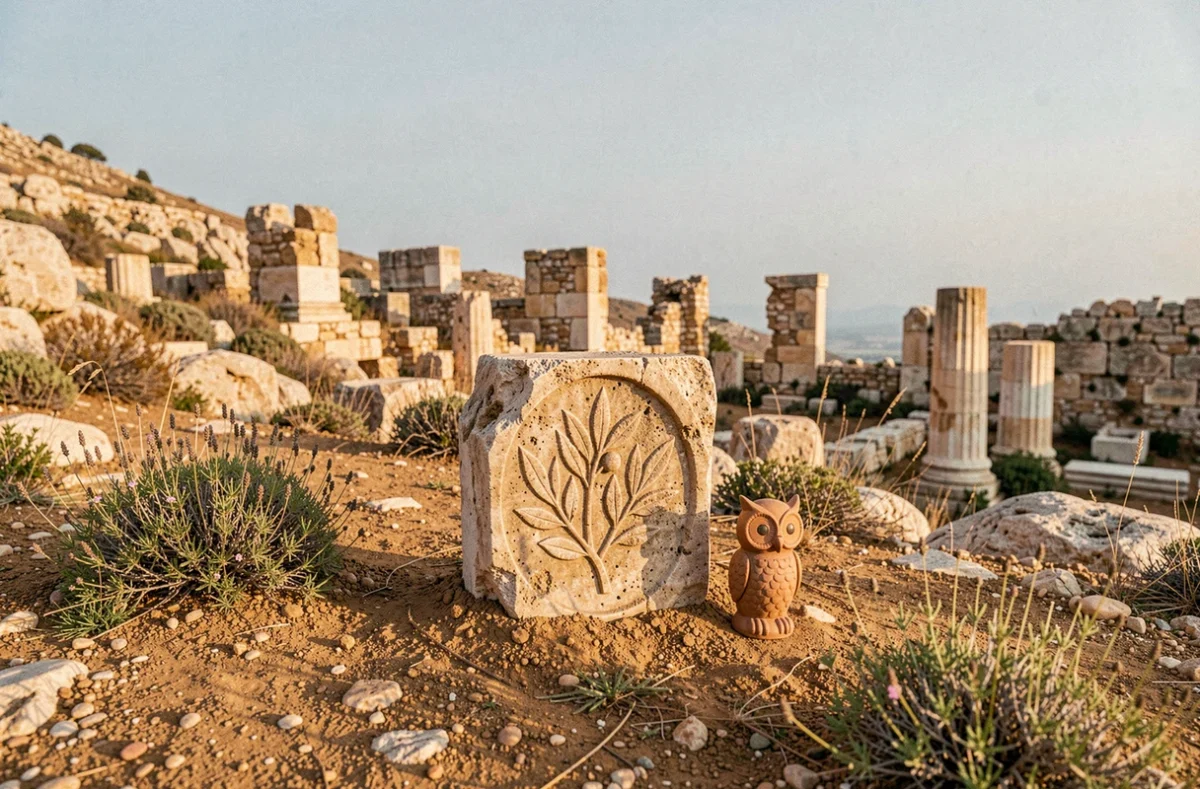 Site archéologique grec avec fragment de colonne sculpté et figurine de chouette en céramique évoquant le culte d'Athéna