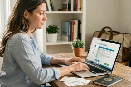 Femme souscrivant une assurance voyage en ligne depuis son bureau à domicile avec un passeport et une carte d'embarquement posés sur la table