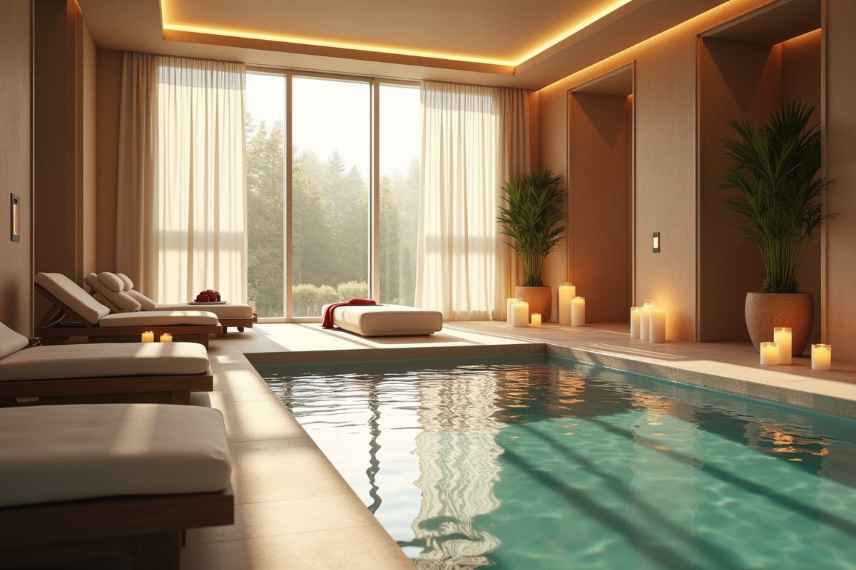 Spa intérieur serein avec lumière naturelle et espace détente