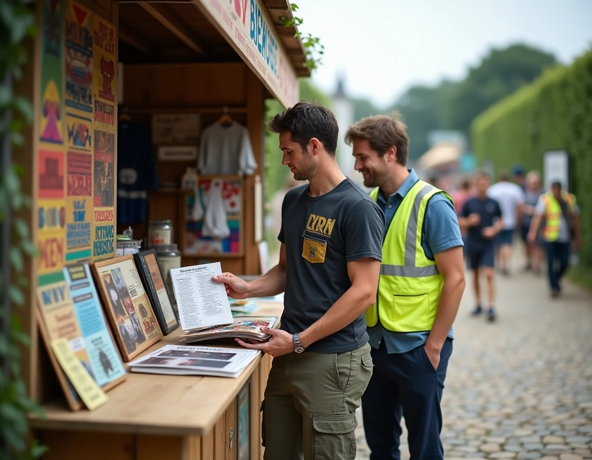 Festivalier consultant le programme officiel des Vieilles Charrues à un stand d'information