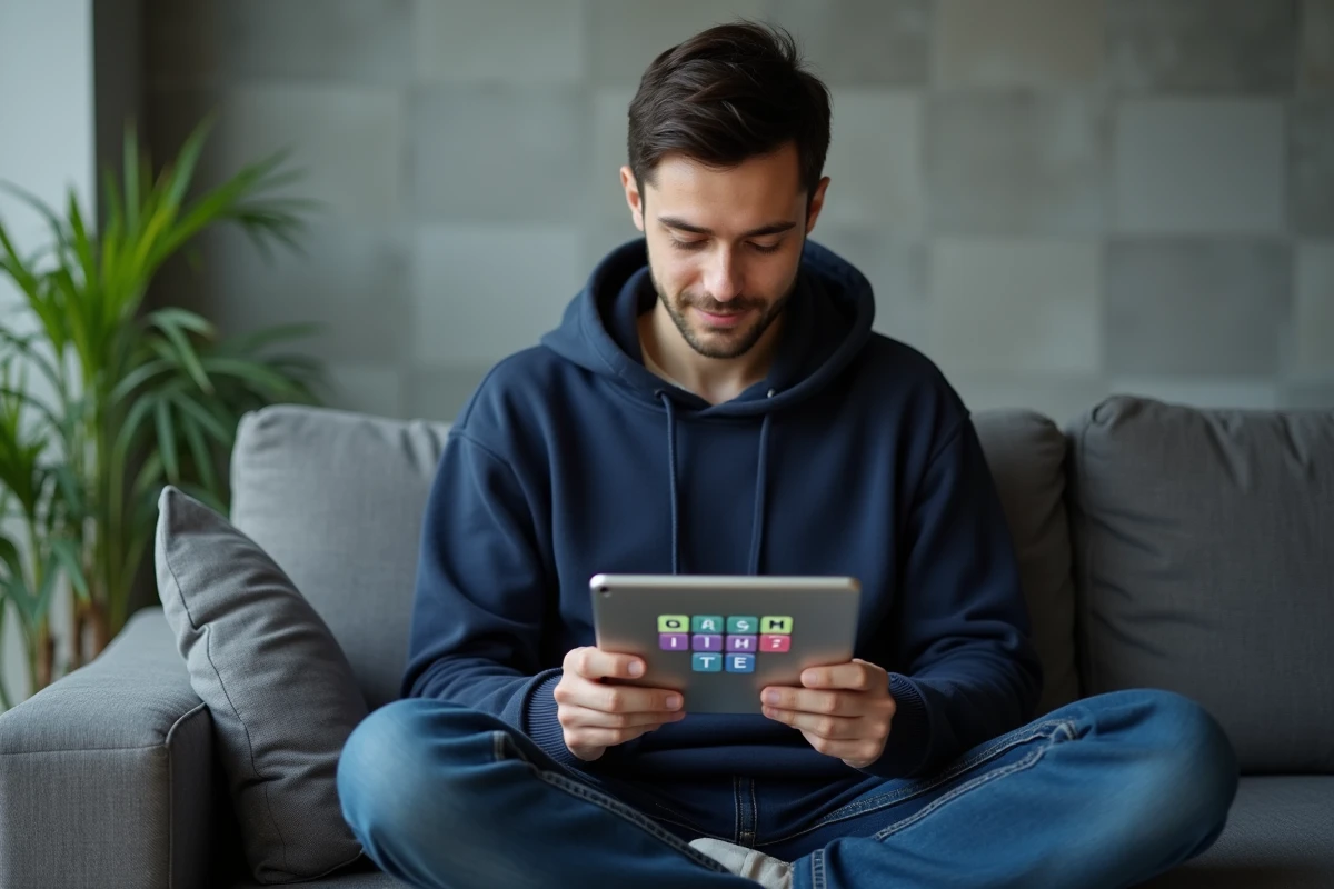 Homme en sweat bleu jouant à un jeu de devinettes de mots sur tablette dans un salon moderne et minimaliste