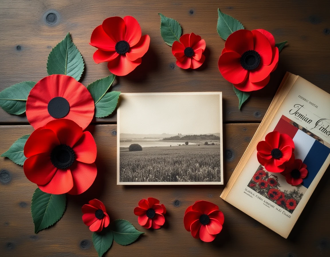 Collection de coquelicots symboliques, carte postale ancienne et drapeau tricolore disposés sur une table en bois pour commémorer l'armistice
