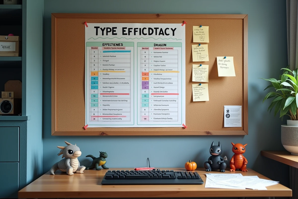 Tableau d'efficacité des types Pokémon affiché sur un tableau liège avec annotations sur les faiblesses du type Dragon