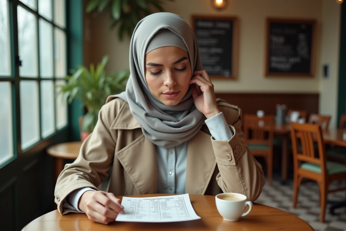 Femme lisant un tableau des heures de prières dans un café à Bezons