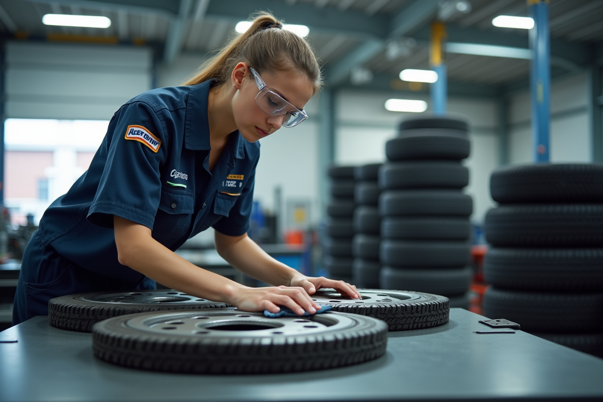 Jeune technicienne auto nettoyant un volant moteur dans un garage
