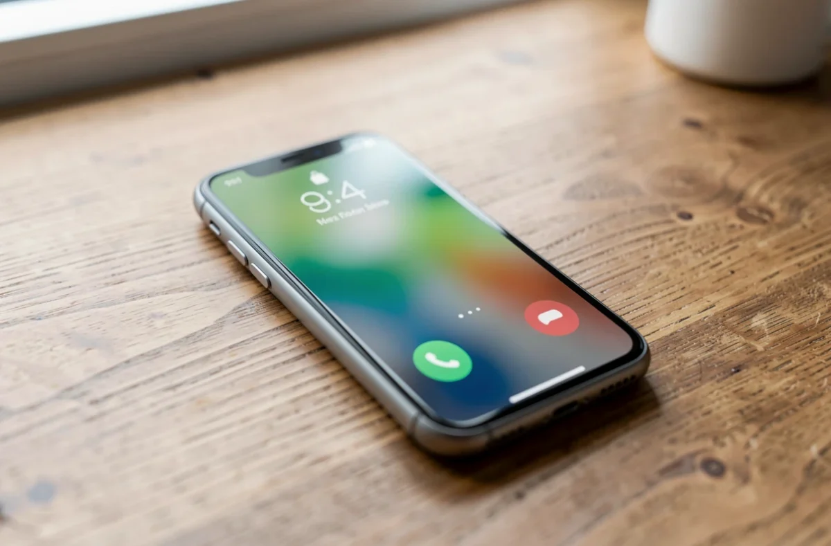 Téléphone portable posé sur un bureau affichant un appel inconnu