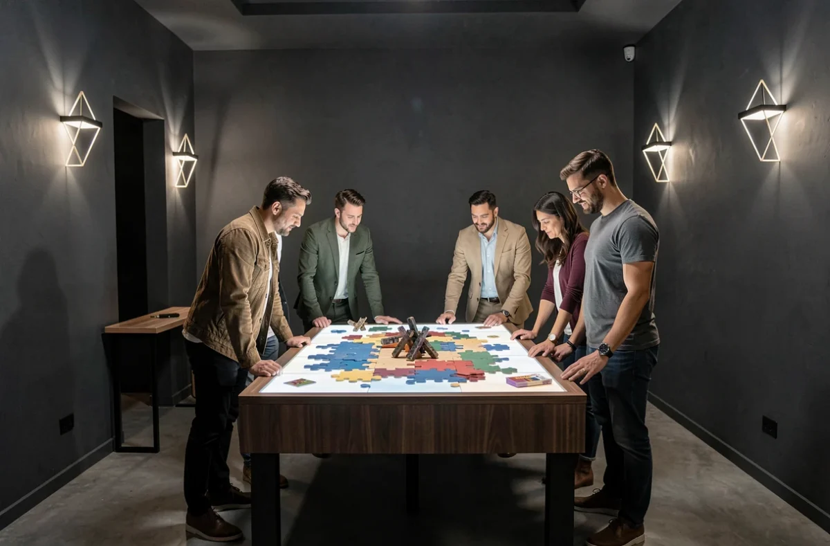 Groupe de joueurs autour d'une table puzzle élégante dans l'escape room The One Escape à Paris