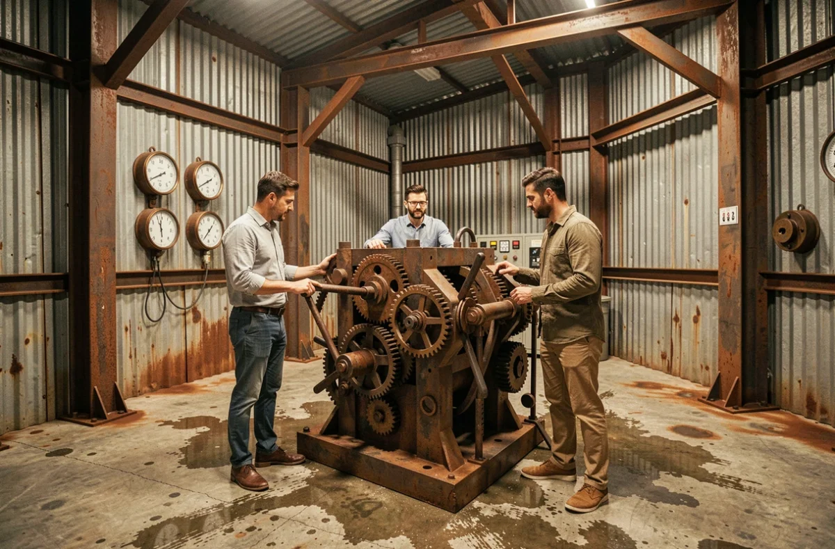 Participants résolvant une énigme mécanique dans le décor d'usine de The Quest Factory à Paris