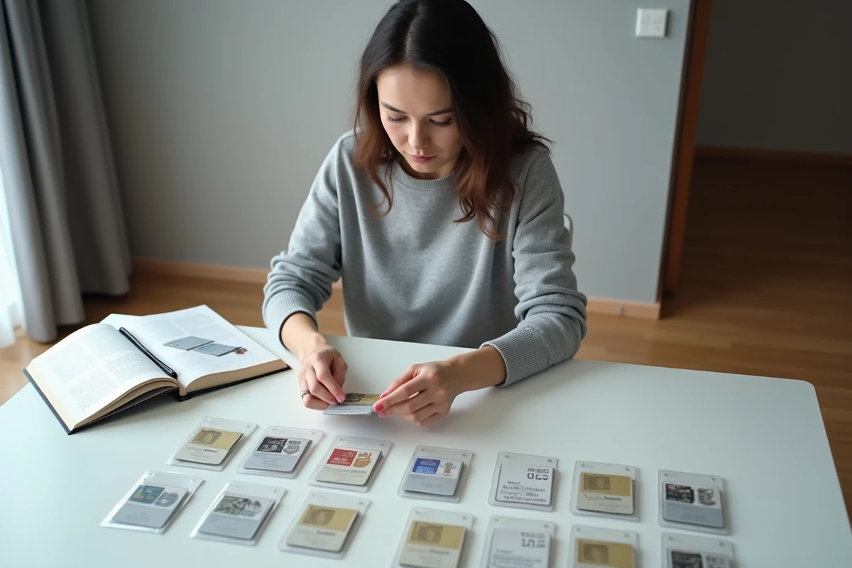 Femme triant des cartes téléphoniques sous pochettes de protection sur une table blanche avec catalogue de référence