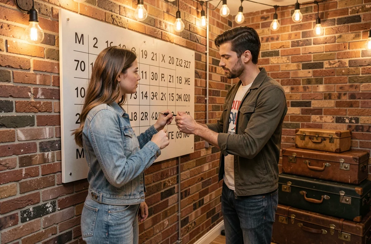 Duo de joueurs déchiffrant une énigme murale dans l'escape room Unleash Escape à Paris