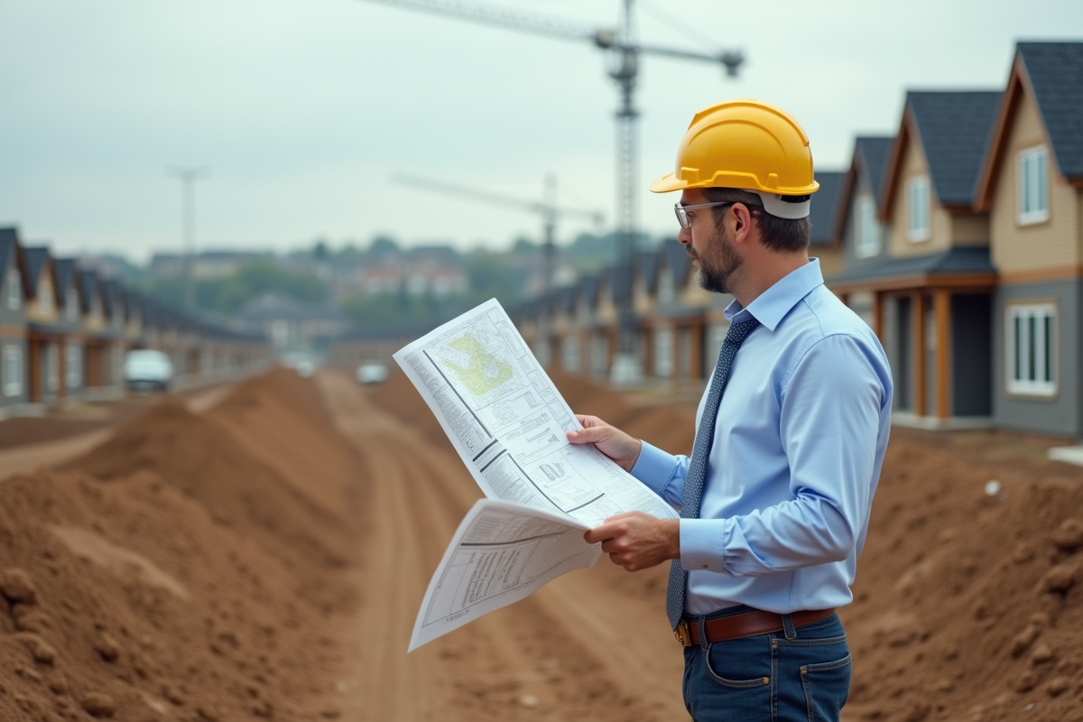 Homme d'âge moyen avec plan de ville en chantier
