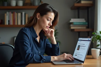 Femme professionnelle effectuant sa veille médiatique sur un site d'actualités spécialisé depuis son bureau à domicile