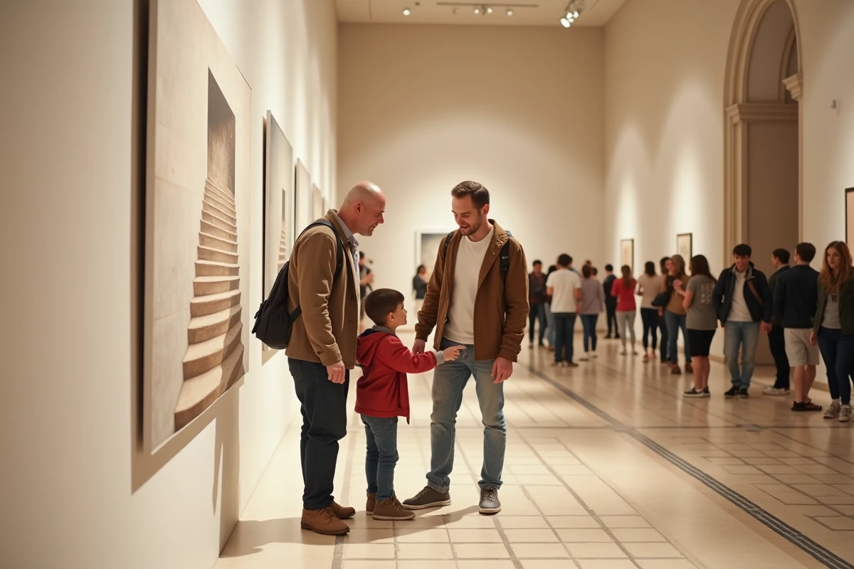 Famille avec enfant découvrant une œuvre d'Escher lors d'une visite en famille à l'exposition de Toulouse