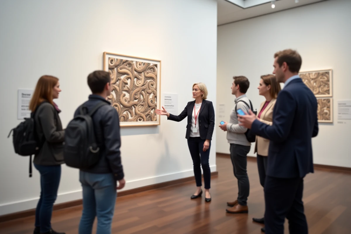 Guide conférencière animant une visite guidée de l'exposition Escher dans une galerie de musée à Toulouse