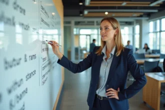 Femme professionnelle devant un tableau blanc avec du vocabulaire anglais professionnel en entreprise