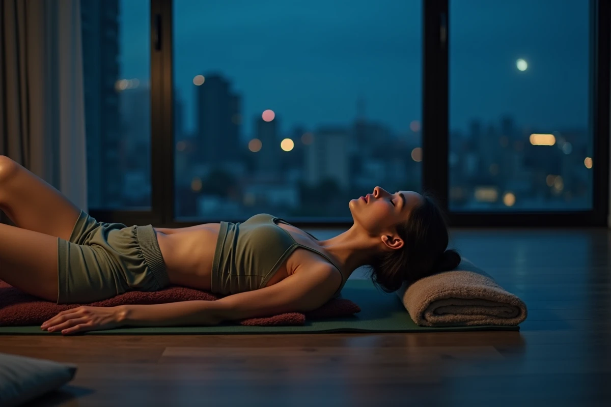 Jeune femme allongée sur un tapis de yoga la nuit les yeux fermés explorant les flashs lumineux et les rêves lucides